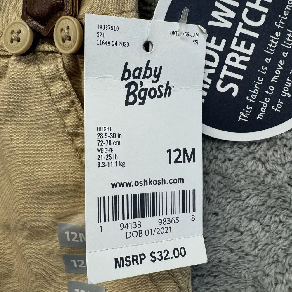 OshKosh Baby B'gosh Suspender Shorts Boy's 12 Months Overalls Brown Cargo NWT